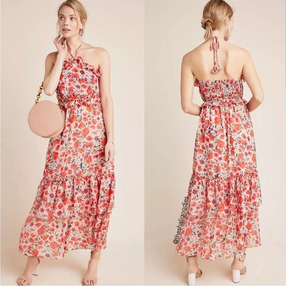 Misa Los Angeles Dresses & Skirts - Misa Los Angeles Gia Floral Halter Dress Size S  Maxi Chiffon Tiered blue